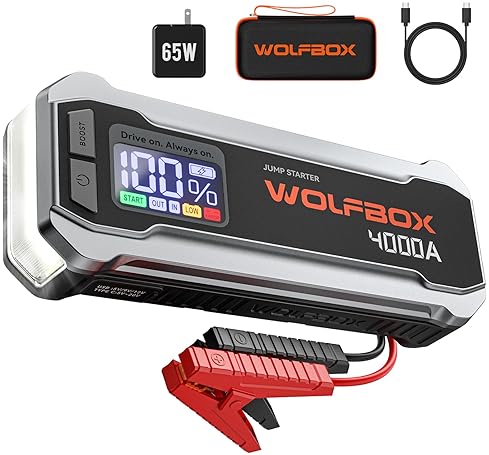 WOLFBOX 4000A JUMP STARTER WITH QUICK CHARGER & LED DISPLAY - PORTABLE 24000MAH BATTERY PACK FOR CARS - BOOST ENGINE & LIGHT INCLUDED