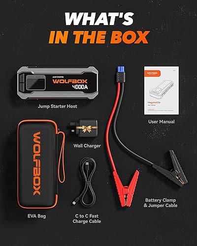 WOLFBOX 4000A JUMP STARTER WITH QUICK CHARGER & LED DISPLAY - PORTABLE 24000MAH BATTERY PACK FOR CARS - BOOST ENGINE & LIGHT INCLUDED