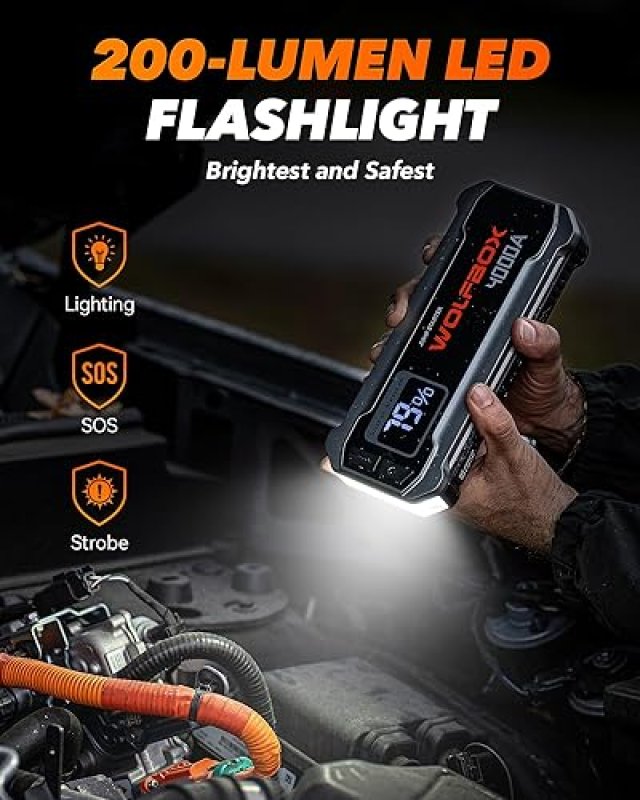 WOLFBOX 4000A JUMP STARTER WITH QUICK CHARGER & LED DISPLAY - PORTABLE 24000MAH BATTERY PACK FOR CARS - BOOST ENGINE & LIGHT INCLUDED