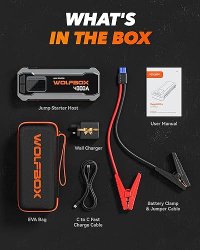 WOLFBOX 4000A JUMP STARTER WITH QUICK CHARGER & LED DISPLAY - PORTABLE 24000MAH BATTERY PACK FOR CARS - BOOST ENGINE & LIGHT INCLUDED
