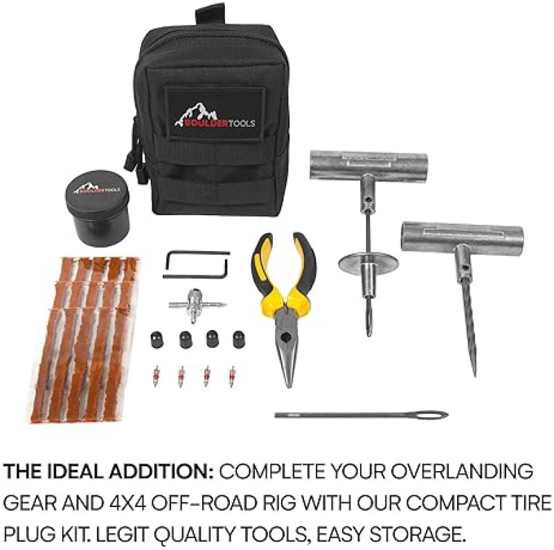 BOULDER TOOLS COMPACT TIRE REPAIR KIT WITH MOLLE STORAGE POUCH - UNIVERSAL HEAVY DUTY PLUG SET