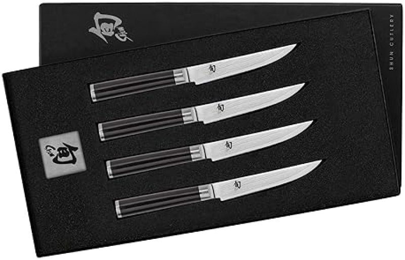 SHUN CLASSIC 4-PIECE STEAK KNIFE SET, HANDCRAFTED JAPANESE VG-MAX CORE, DAMASCUS STAINLESS STEEL