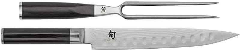 SHUN CLASSIC 2 PIECE CARVING SET: 9" HOLLOW GROUND SLICING KNIFE & CARVING FORK, JAPANESE VG-MAX CORE
