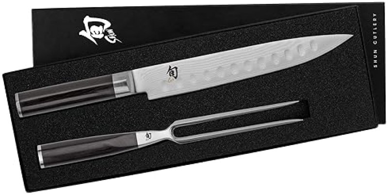 SHUN CLASSIC 2 PIECE CARVING SET: 9" HOLLOW GROUND SLICING KNIFE & CARVING FORK, JAPANESE VG-MAX CORE