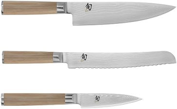 SHUN CLASSIC DAMASCUS BLONDE 3-PIECE KNIFE SET FROM SEKI, JAPAN: CHEF’S, BREAD, PARING KNIVES