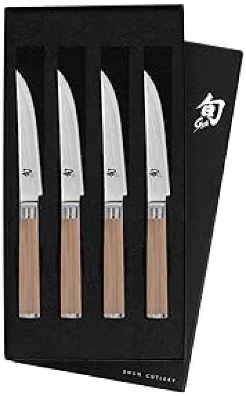SHUN CLASSIC BLONDE STEAK KNIFE SET - 4 PIECE JAPANESE VG-MAX KNIVES, DAMASCUS STEEL, PAKKAWOOD HANDLE