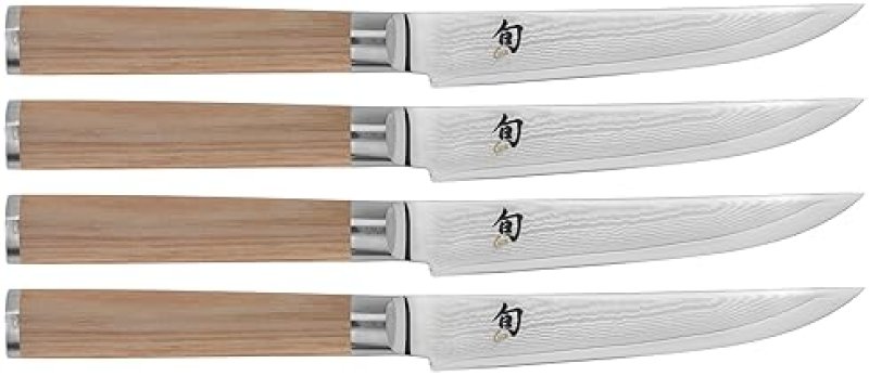 SHUN CLASSIC BLONDE STEAK KNIFE SET - 4 PIECE JAPANESE VG-MAX KNIVES, DAMASCUS STEEL, PAKKAWOOD HANDLE