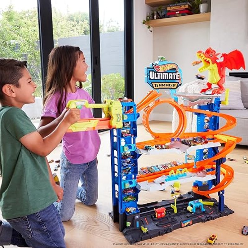 MATTEL-HOT WHEELS CITY ULTIMATE GARAGE TRACK SET: INCLUDES 2 DIE-CAST CARS & CAR-EATING DRAGON, STORES 50+ VEHICLES, 4 LEVELS