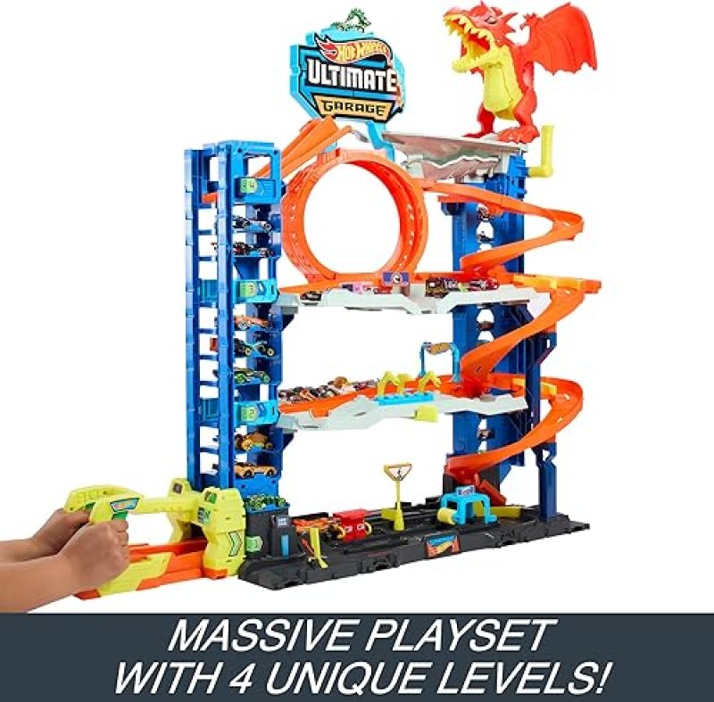MATTEL-HOT WHEELS CITY ULTIMATE GARAGE TRACK SET: INCLUDES 2 DIE-CAST CARS & CAR-EATING DRAGON, STORES 50+ VEHICLES, 4 LEVELS