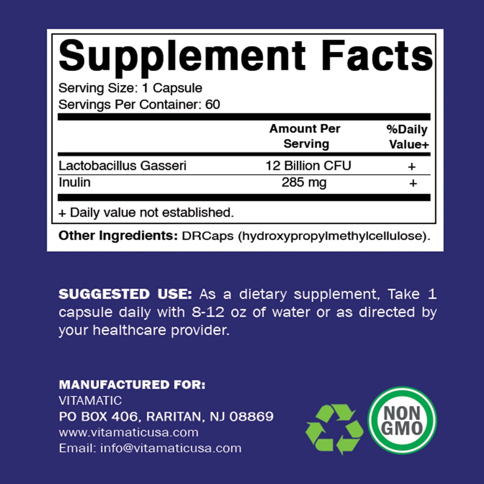 DIGESTIVE SUPPORT: VITAMATIC LACTOBACILLUS GASSERI CAPSULES - 12 BILLION CFU - 60 COUNT