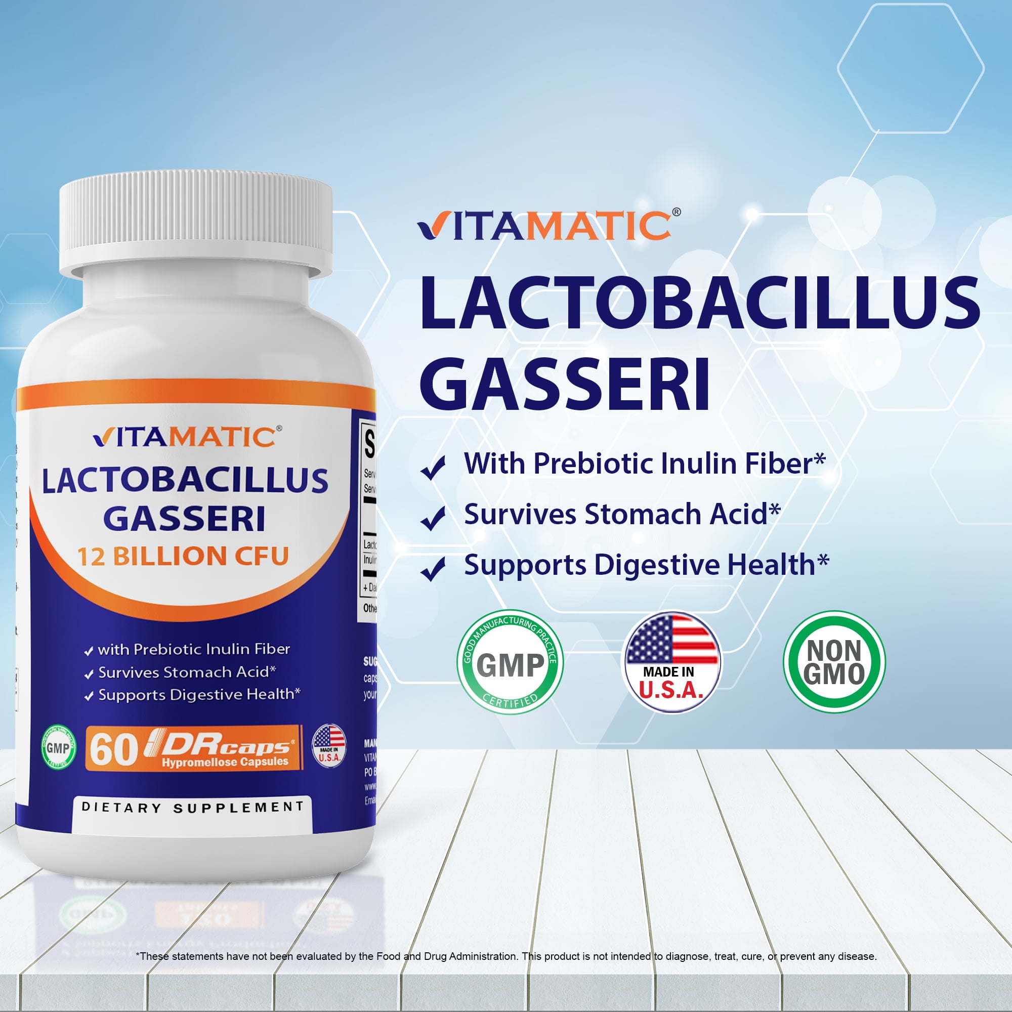 DIGESTIVE SUPPORT: VITAMATIC LACTOBACILLUS GASSERI CAPSULES - 12 BILLION CFU - 60 COUNT