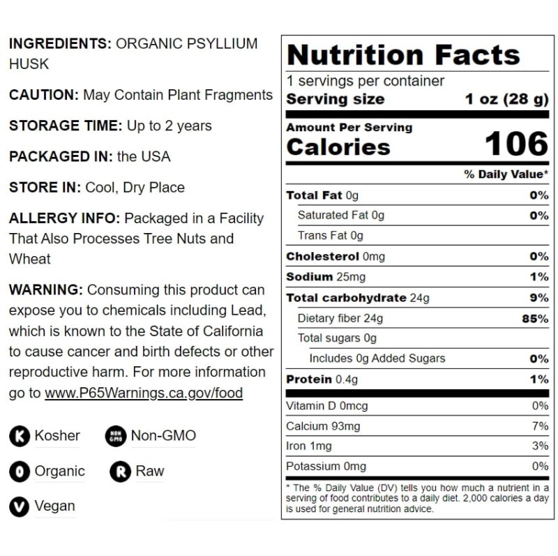 ORGANIC PSYLLIUM HUSK POWDER 0.5 LB NON-GMO KOSHER RAW VEGAN - FOOD TO LIVE