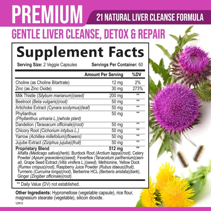NATURAL LIVER CLEANSE SUPPLEMENT - 21 HERB FORMULA WITH MILK THISTLE, DANDELION & BEET - NON-GMO VEGAN - 120 CAPS
