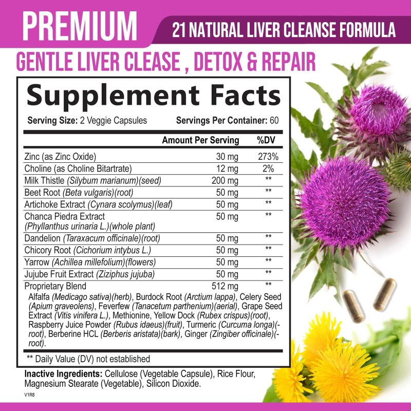 NATURAL LIVER CLEANSE SUPPLEMENT - 21 HERB FORMULA WITH MILK THISTLE, DANDELION & BEET - NON-GMO VEGAN - 120 CAPS
