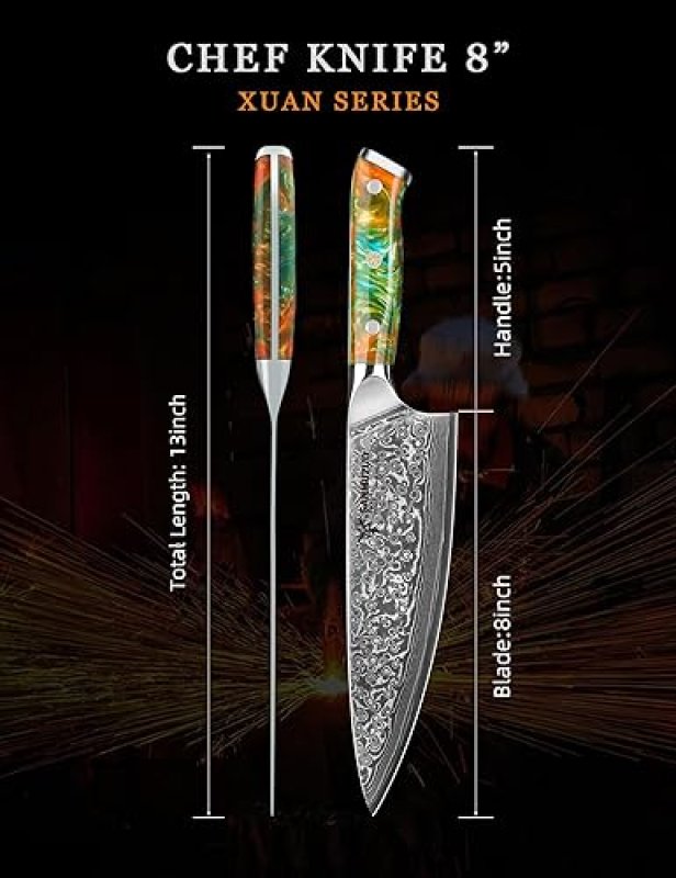 XUAN SERIES VG10 DAMASCUS STEEL RESIN HANDLE (FANTASY ORANGE)'8-INCH CHEF KNIFE