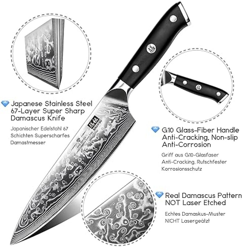 SHAN ZU 8-INCH JAPANESE DAMASCUS CHEF KNIFE - PROFESSIONAL HIGH CARBON STEEL UTILITY KNIFE"