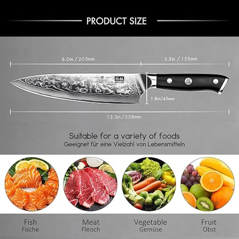 SHAN ZU 8-INCH JAPANESE DAMASCUS CHEF KNIFE - PROFESSIONAL HIGH CARBON STEEL UTILITY KNIFE"