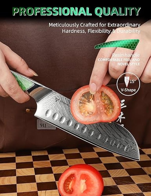 DAMASCUS STEEL 7" SANTOKU KNIFE, ULTRA SHARP KITCHEN BLADE, FULL-TANG HANDLE IN GREEN RESIN – LA-S9 SERIES "JAPANESE VG-10