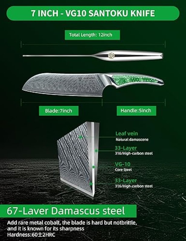 DAMASCUS STEEL 7" SANTOKU KNIFE, ULTRA SHARP KITCHEN BLADE, FULL-TANG HANDLE IN GREEN RESIN – LA-S9 SERIES "JAPANESE VG-10