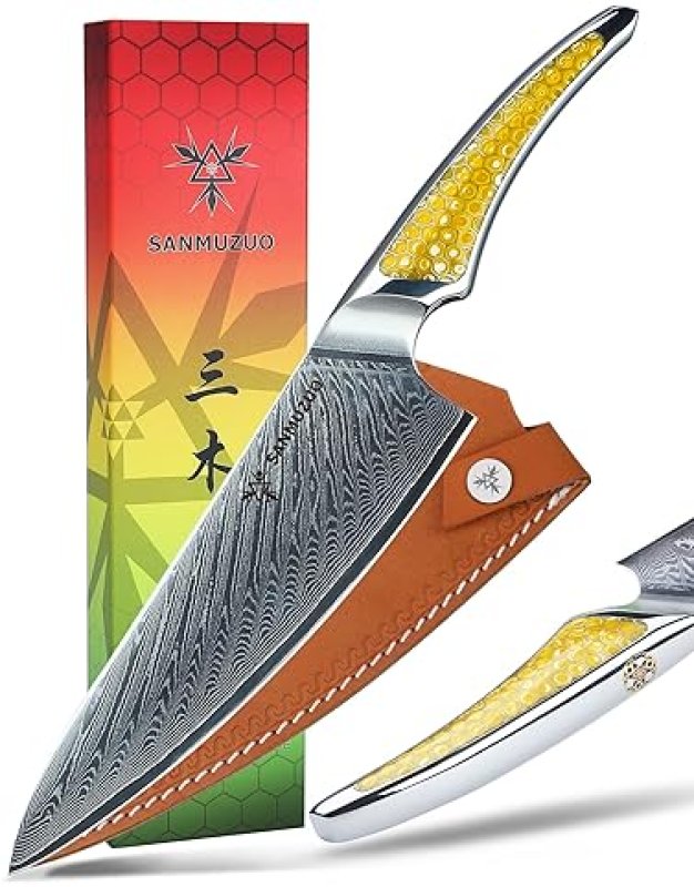 DAMASCUS STEEL 8-INCH CHEF KNIFE WITH FULL-TANG HANDLE IN YELLOW RESIN - LA-S9 SERIES JAPANESE VG-10