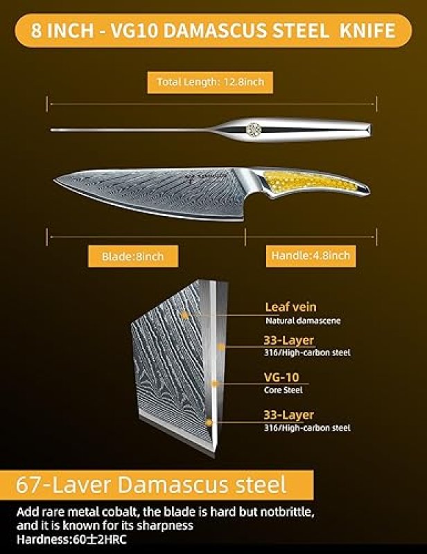 DAMASCUS STEEL 8-INCH CHEF KNIFE WITH FULL-TANG HANDLE IN YELLOW RESIN - LA-S9 SERIES JAPANESE VG-10