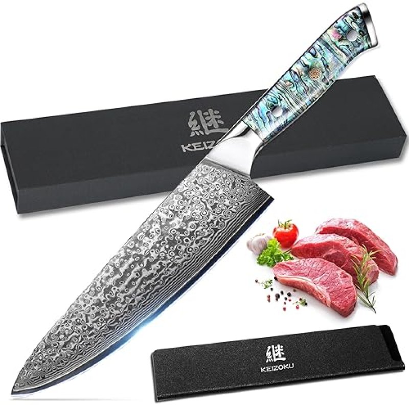 DAMASCUS STEEL CHEF KNIFE, JAPANESE 10CR15MOV BLADE, HAND FORGED HAMMER PATTERN, ABALONE SHELL HANDLE