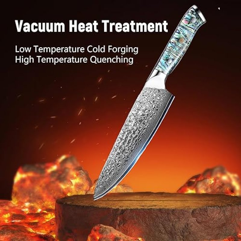DAMASCUS STEEL CHEF KNIFE, JAPANESE 10CR15MOV BLADE, HAND FORGED HAMMER PATTERN, ABALONE SHELL HANDLE