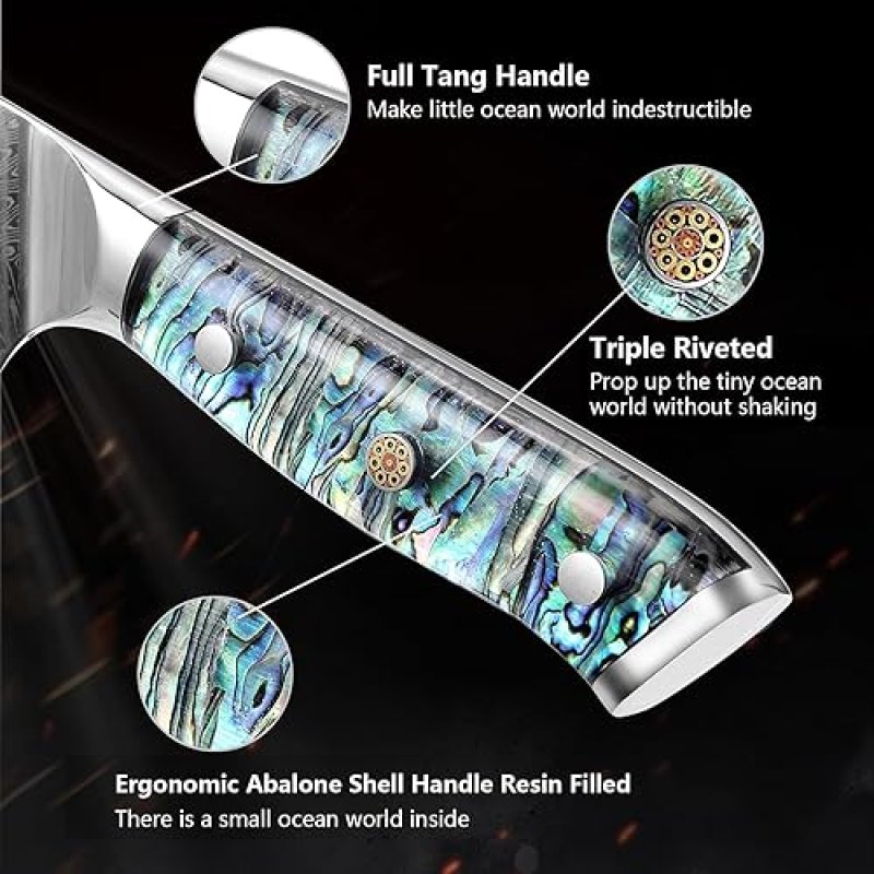 DAMASCUS STEEL CHEF KNIFE, JAPANESE 10CR15MOV BLADE, HAND FORGED HAMMER PATTERN, ABALONE SHELL HANDLE