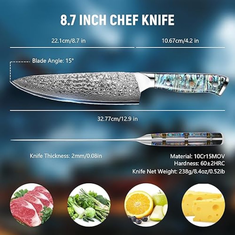 DAMASCUS STEEL CHEF KNIFE, JAPANESE 10CR15MOV BLADE, HAND FORGED HAMMER PATTERN, ABALONE SHELL HANDLE