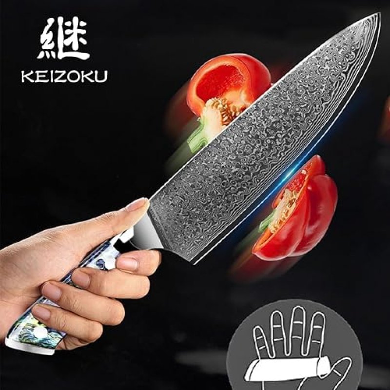 DAMASCUS STEEL CHEF KNIFE, JAPANESE 10CR15MOV BLADE, HAND FORGED HAMMER PATTERN, ABALONE SHELL HANDLE