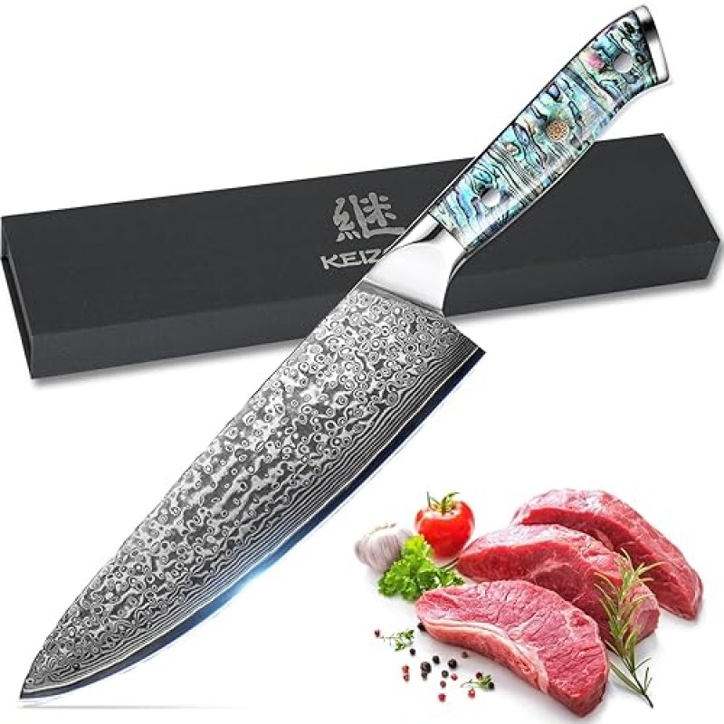 DAMASCUS STEEL CHEF KNIFE, JAPANESE 10CR15MOV BLADE, HAND FORGED HAMMER PATTERN, ABALONE SHELL HANDLE