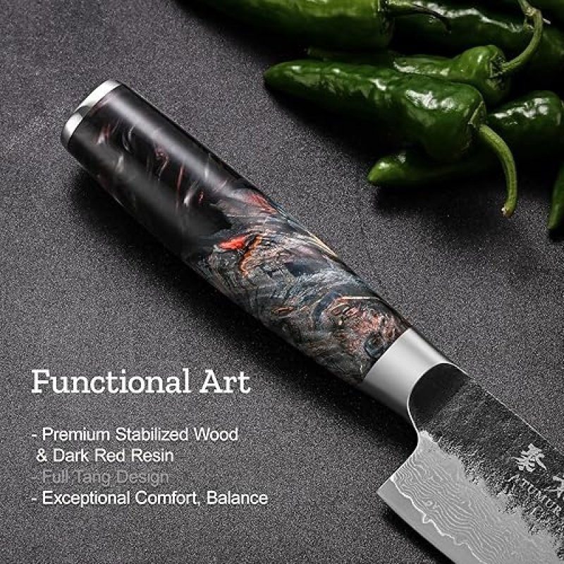 DAMASCUS CHEF KNIFE WITH VG10 STEEL CORE - PROFESSIONAL KITCHEN KNIFE WITH ERGONOMIC HANDLE, LEATHER SHEATH, GIFT BOX