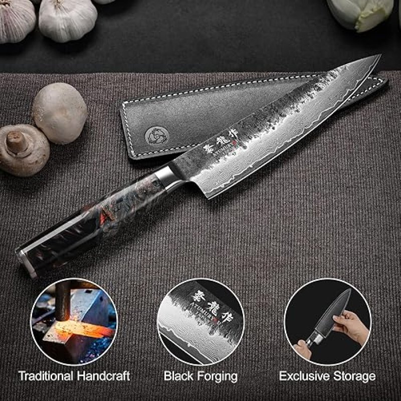 DAMASCUS CHEF KNIFE WITH VG10 STEEL CORE - PROFESSIONAL KITCHEN KNIFE WITH ERGONOMIC HANDLE, LEATHER SHEATH, GIFT BOX