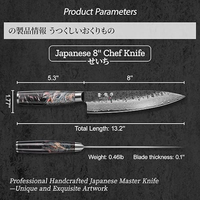 DAMASCUS CHEF KNIFE WITH VG10 STEEL CORE - PROFESSIONAL KITCHEN KNIFE WITH ERGONOMIC HANDLE, LEATHER SHEATH, GIFT BOX