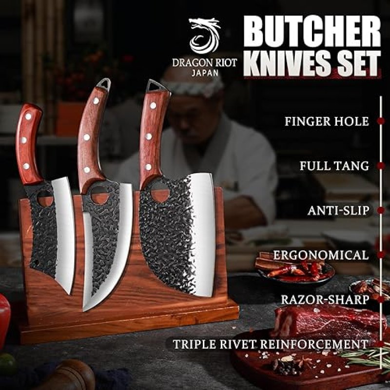 DRAGON RIOT HIGH CARBON STEEL BUTCHER KNIFE SET FOR MEAT PROCESSING, 3PCS SERBIAN CLEAVER CHEF SET - ERGONOMIC HANDLES
