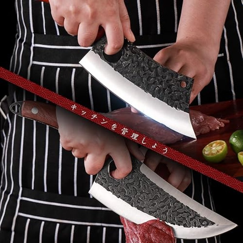 DRAGON RIOT HIGH CARBON STEEL BUTCHER KNIFE SET FOR MEAT PROCESSING, 3PCS SERBIAN CLEAVER CHEF SET - ERGONOMIC HANDLES