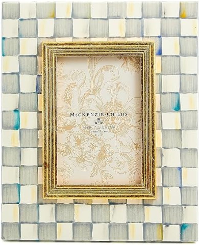 MACKENZIE-CHILDS GRAY-AND-WHITE STERLING CHECK 4X6 DECORATIVE PICTURE FRAME