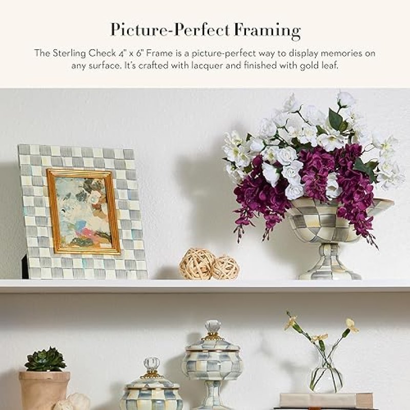 MACKENZIE-CHILDS GRAY-AND-WHITE STERLING CHECK 4X6 DECORATIVE PICTURE FRAME