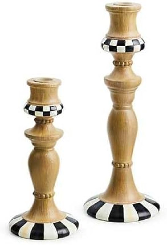 MACKENZIE-CHILDS COURTLY CANDLESTICKS SET, BLACK-AND-WHITE CANDLE HOLDER DECOR