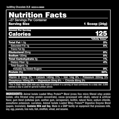 UNIVERSAL NUTRITION CHOCOLATE ANIMAL WHEY ISOLATE PROTEIN POWDER - 25G PROTEIN, MUSCLE BUILDER & RECOVERY FOR MEN & WOMEN - LOW SUGAR