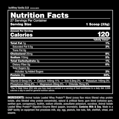 UNIVERSAL NUTRITION ANIMAL WHEY ISOLATE PROTEIN POWDER - MUSCLE BUILDER & RECOVERY WITH DIGESTIVE ENZYMES - VANILLA 2 LBS