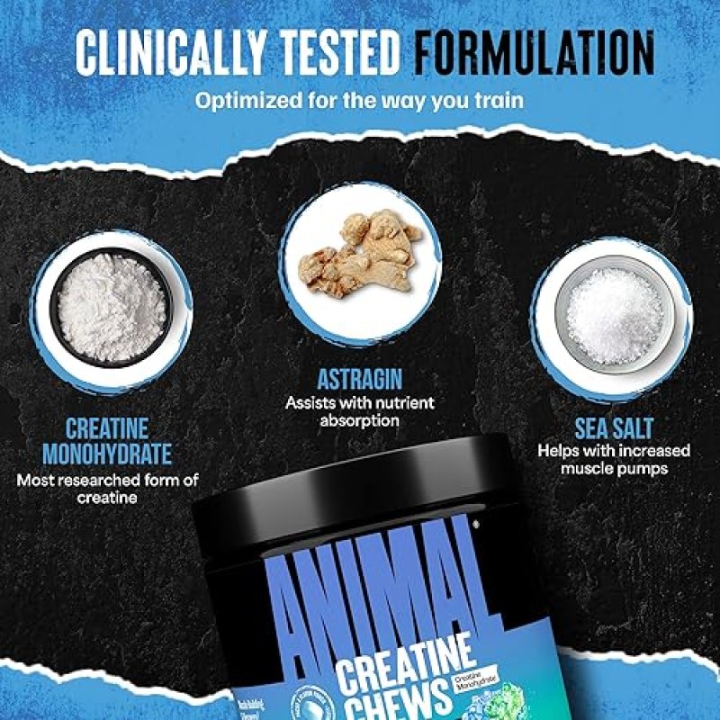 UNIVERSAL NUTRITION ANIMAL CREATINE CHEWS WITH ASTRAGIN & SEA SALT - MAX ABSORPTION PRE/POST-WORKOUT FOR LEAN MUSCLE GROWTH & RECOVERY