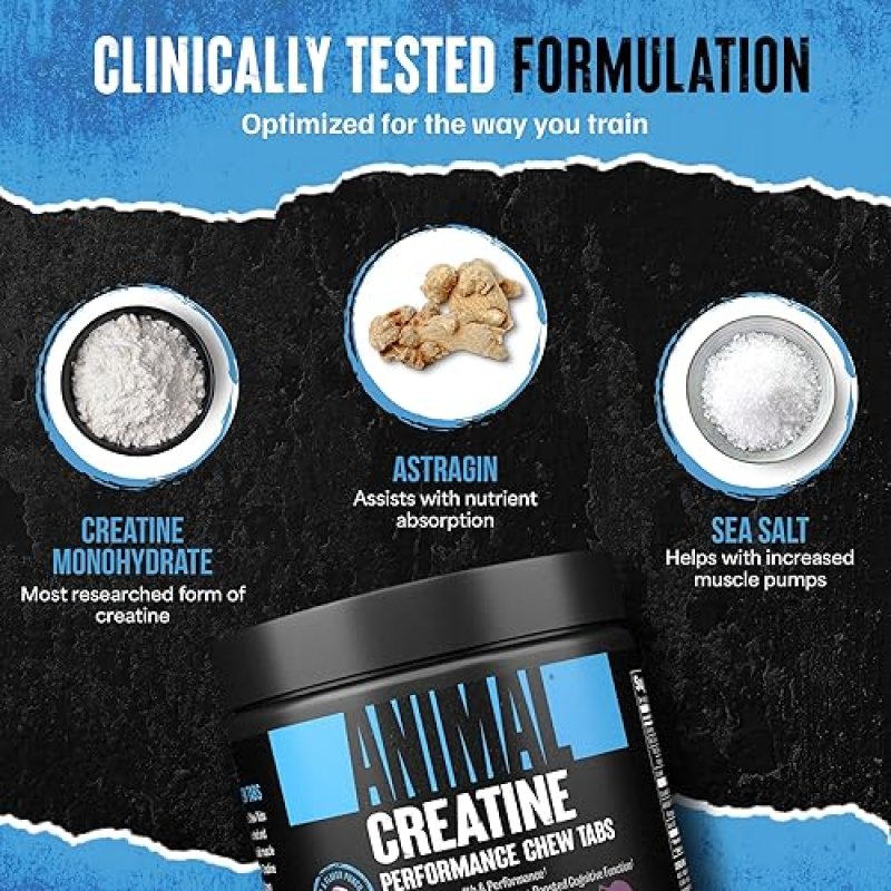 UNIVERSAL NUTRITION ENHANCED ANIMAL CREATINE CHEWS TABLETS - GRAPE FLAVOR, WITH ASTRAGIN & SEA SALT FOR ABSORPTION & PUMP, CHEWABLE & CONVENIENT'
