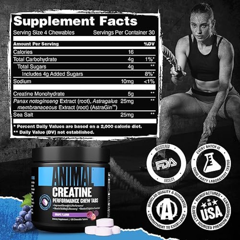UNIVERSAL NUTRITION ENHANCED ANIMAL CREATINE CHEWS TABLETS - GRAPE FLAVOR, WITH ASTRAGIN & SEA SALT FOR ABSORPTION & PUMP, CHEWABLE & CONVENIENT'