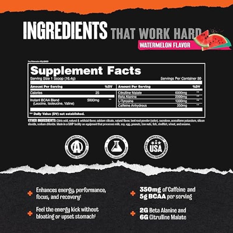 UNIVERSAL NUTRITION ANIMAL FURY PRE WORKOUT POWDER - ENERGY & FOCUS SUPPLEMENT WITH BCAA & CAFFEINE - WATERMELON FLAVOR - 30 SERVINGS