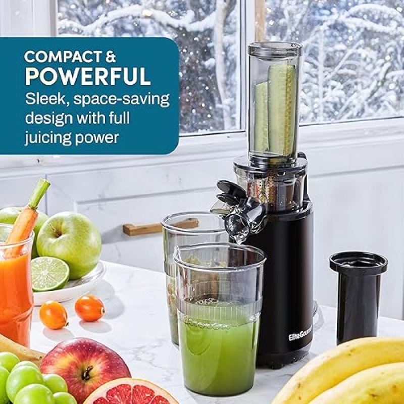 ELITE GOURMET MASTICATING COLD PRESS JUICER IN CHARCOAL GREY - EASY TO CLEAN, IDEAL FOR VEGETABLES AND FRUITS