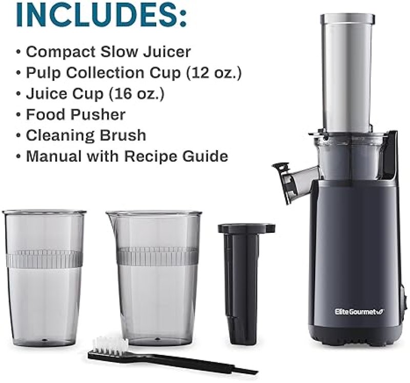 ELITE GOURMET MASTICATING COLD PRESS JUICER IN CHARCOAL GREY - EASY TO CLEAN, IDEAL FOR VEGETABLES AND FRUITS