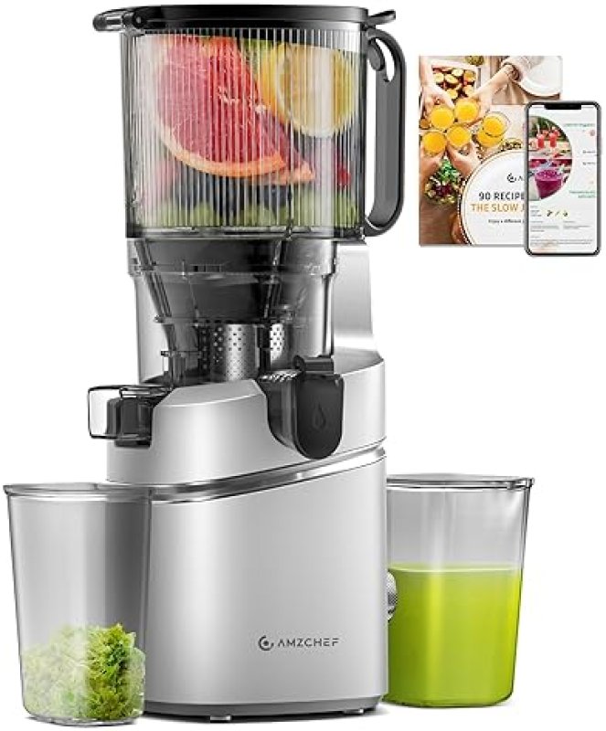AMZCHEF COLD PRESS JUICER MACHINE FOR WHOLE FRUIT & VEGETABLE, LARGE AUGER, EASY CLEAN, HIGH JUICE YIELD - SILVER