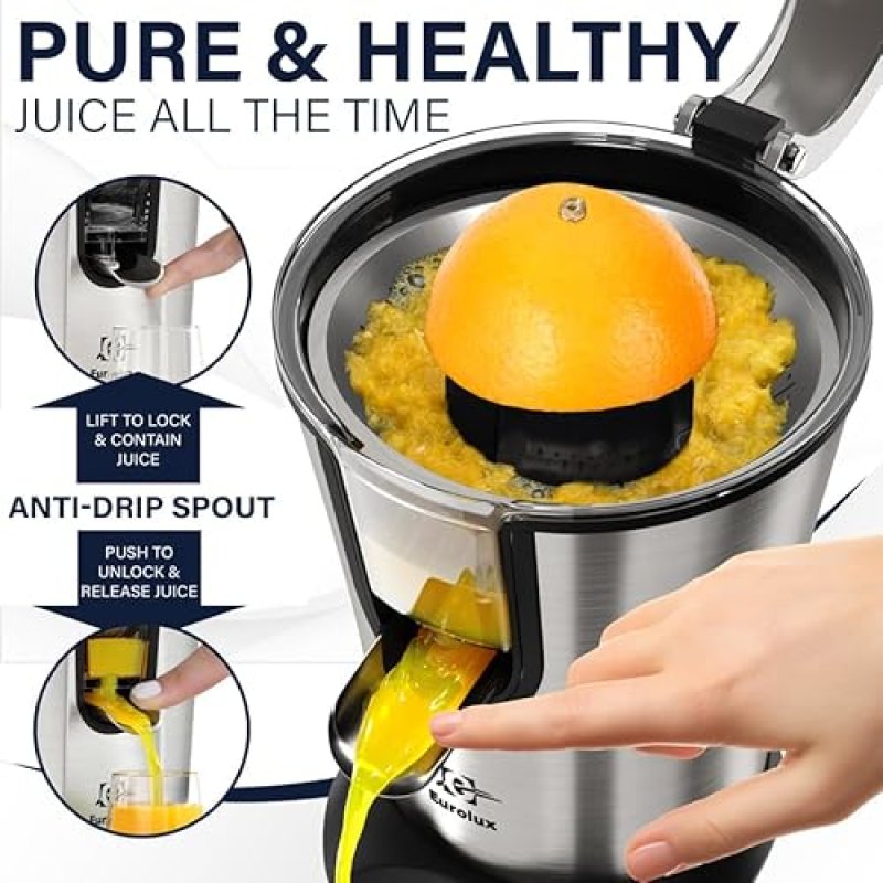 EUROLUX PREMIUM ELECTRIC ORANGE JUICER | STAINLESS STEEL CITRUS SQUEEZER WITH ULTRA-POWERFUL MOTOR AND SOFT GRIP HANDLE