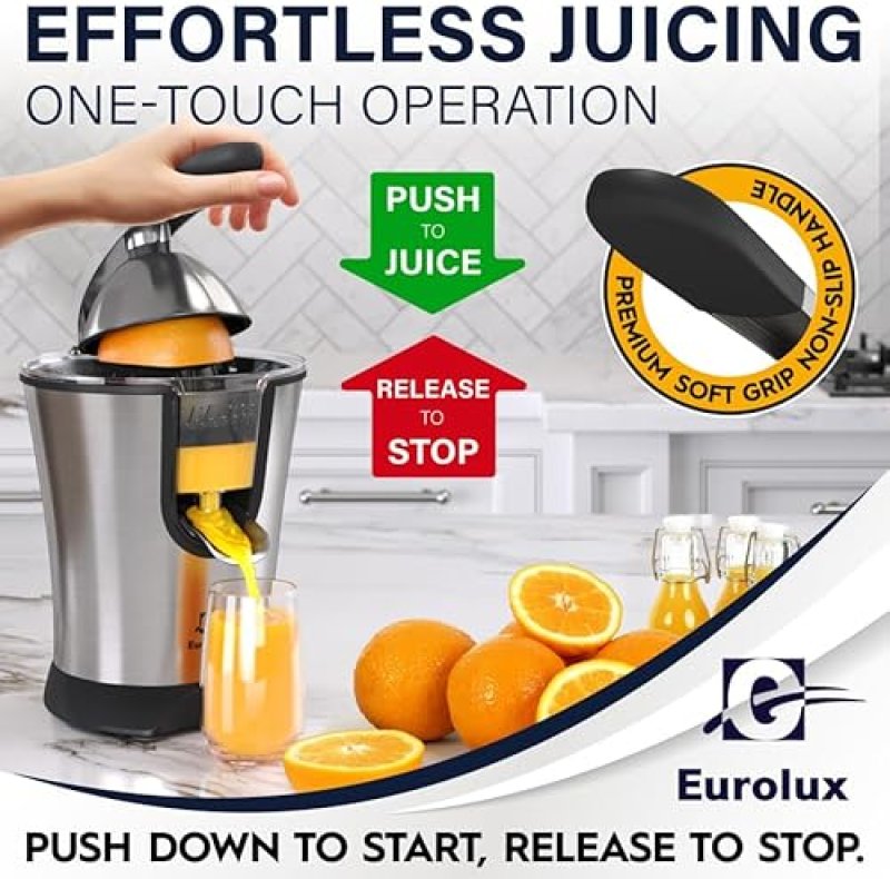 EUROLUX PREMIUM ELECTRIC ORANGE JUICER | STAINLESS STEEL CITRUS SQUEEZER WITH ULTRA-POWERFUL MOTOR AND SOFT GRIP HANDLE